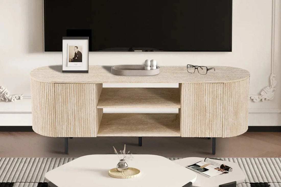 Meuble TV LYANE effet travertin beige - 160 cm - ROUSSEAU chez TIKAYLA