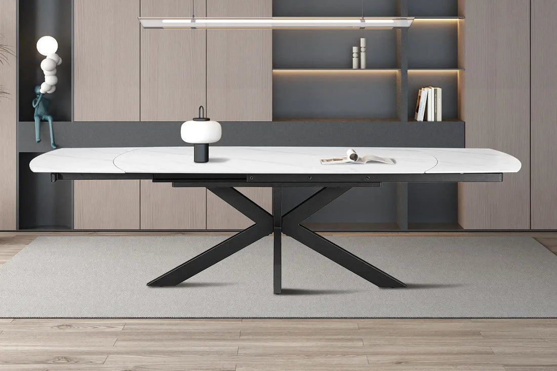 Table a manger extensible ARYA ovale danoise en pierre blanche - de 160 a 240 cm - ROUSSEAU chez TIKAYLA