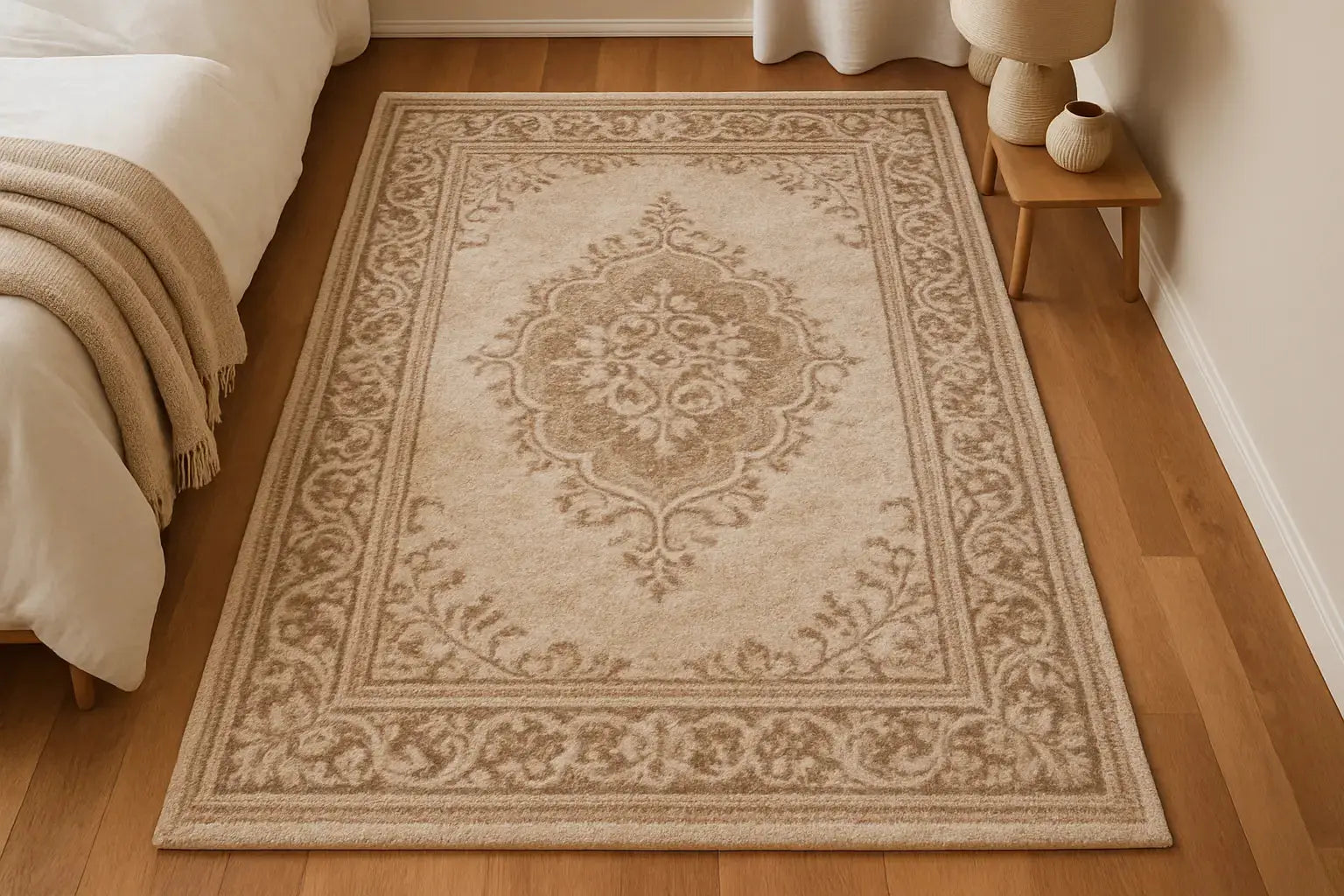 Tapis de chambre en laine faite main posé au pied d'un lit - TIKAYLA
