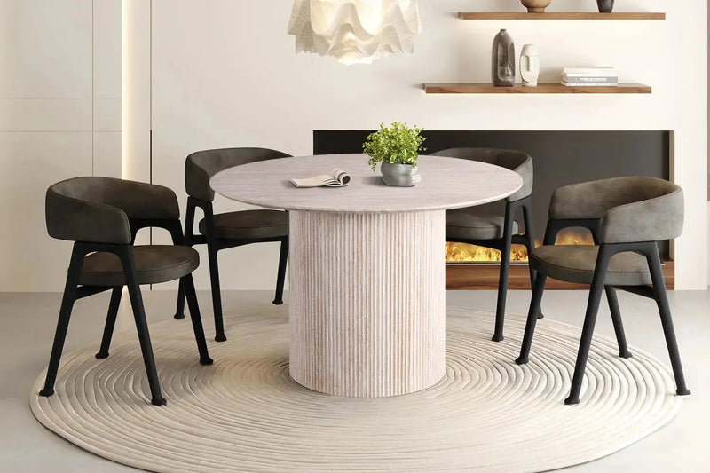Table à manger ronde LYANE effet travertin beige - 120 cm - ROUSSEAU chez TIKAYLA