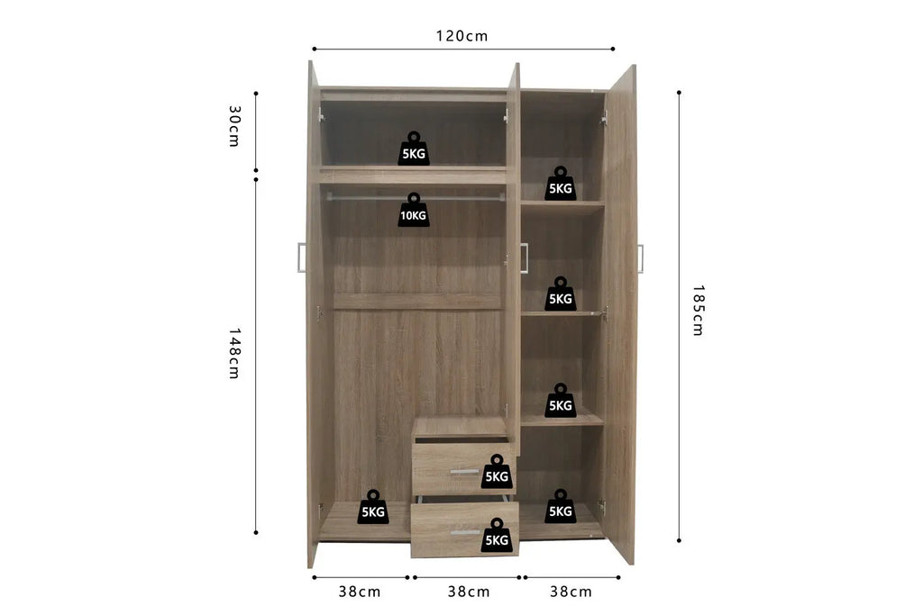 Armoire 3 portes avec miroir MARCO sonoma - 120 cm TIKOYA