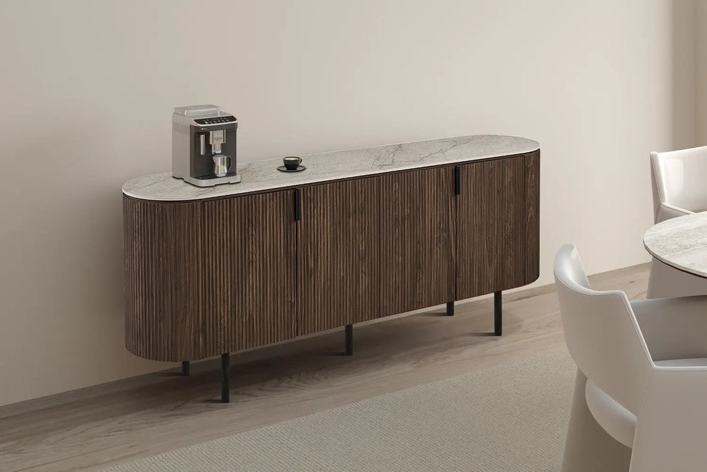 Buffet VEKO 200 cm Décor Chêne Foncé Plateau Pierre Frittée Beige - vue principale