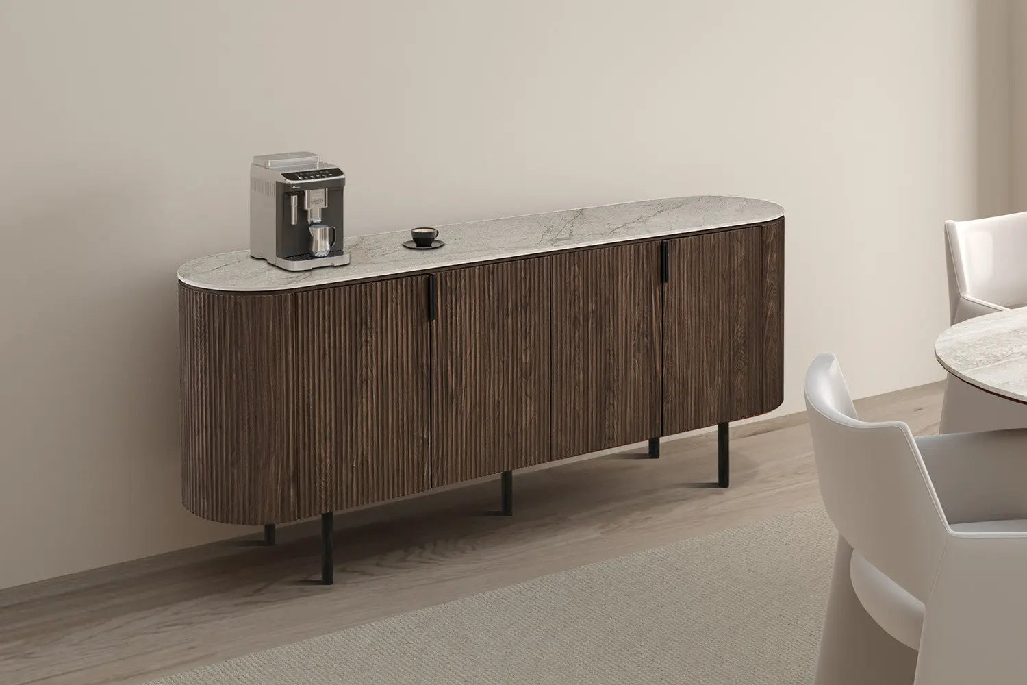 Buffet VEKO 200 cm Décor Chêne Foncé Plateau Pierre Frittée Beige - vue principale