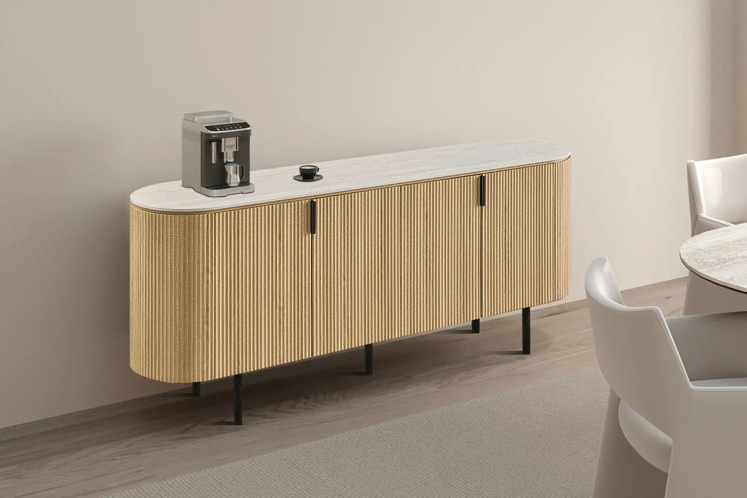 Buffet 200 cm Décor Chêne et Plateau Pierre Frittée VEKO - 200 x 45 cm