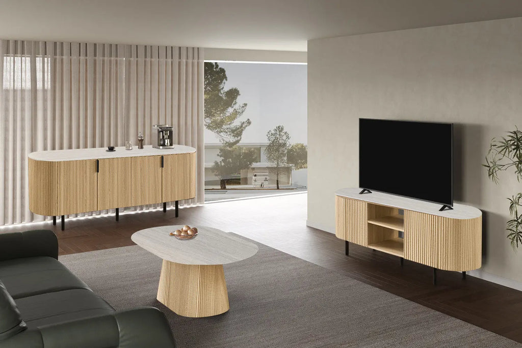 Buffet 200 cm Décor Chêne et Plateau Pierre Frittée VEKO - 200 x 45 cm
