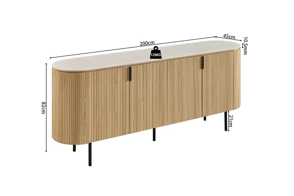 Buffet 200 cm Décor Chêne et Plateau Pierre Frittée VEKO - 200 x 45 cm
