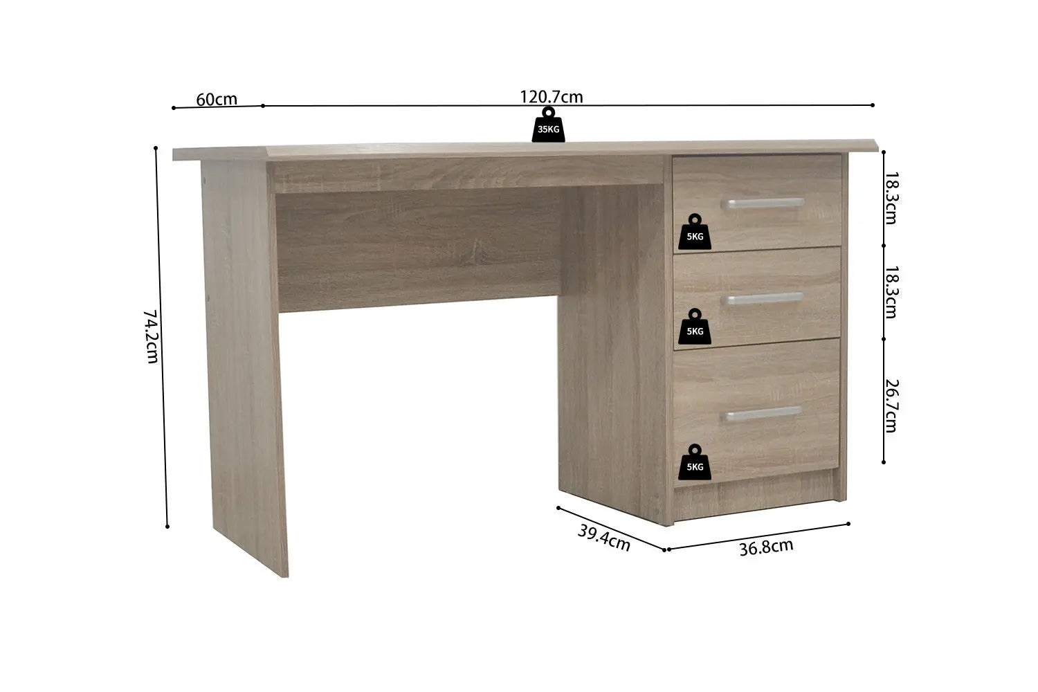 Schema coté du bureau MATIS 75 x 121 x 60 cm - TIKAYLA