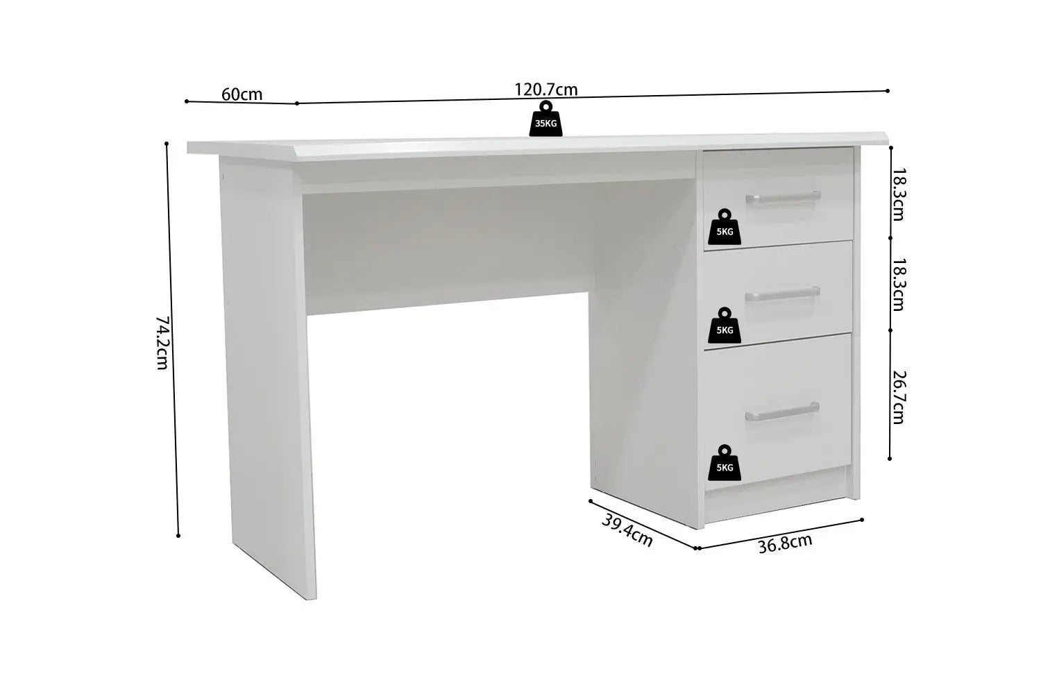Schema coté du bureau MATIS blanc 75 x 121 x 60 cm - TIKAYLA