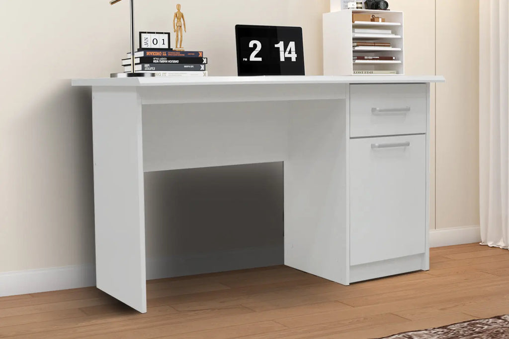 Bureau MILO 1 tiroir 1 porte finition blanche, plateau 121 x 60 cm - TIKAYLA