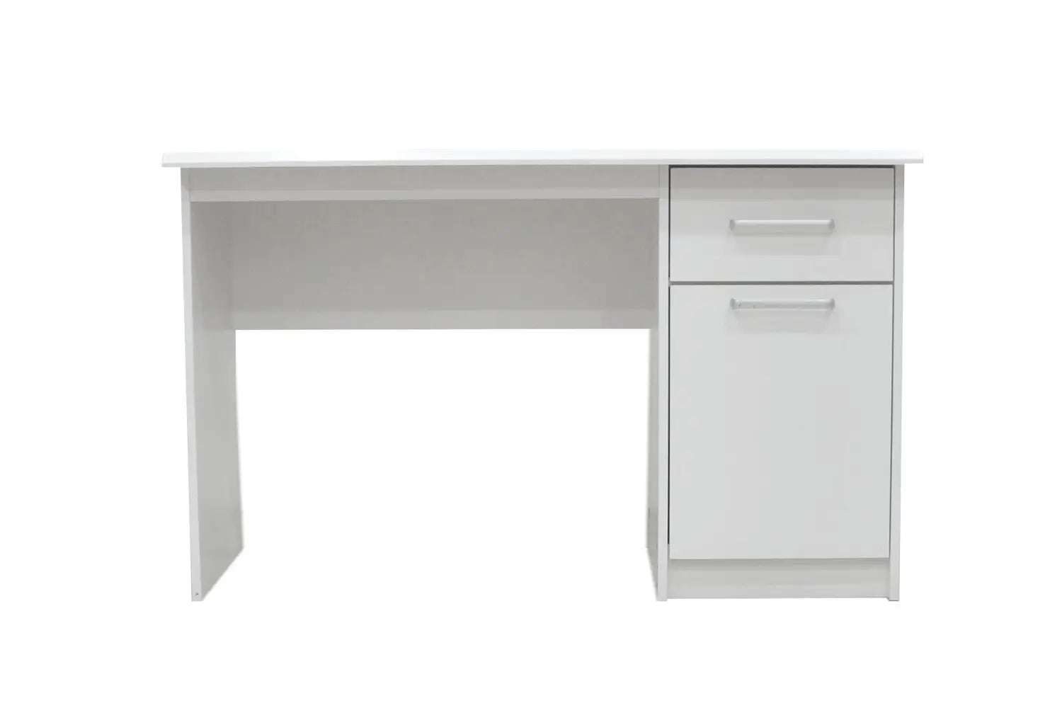 Bureau MILO blanc vu de trois quarts avec tiroir et porte - TIKAYLA