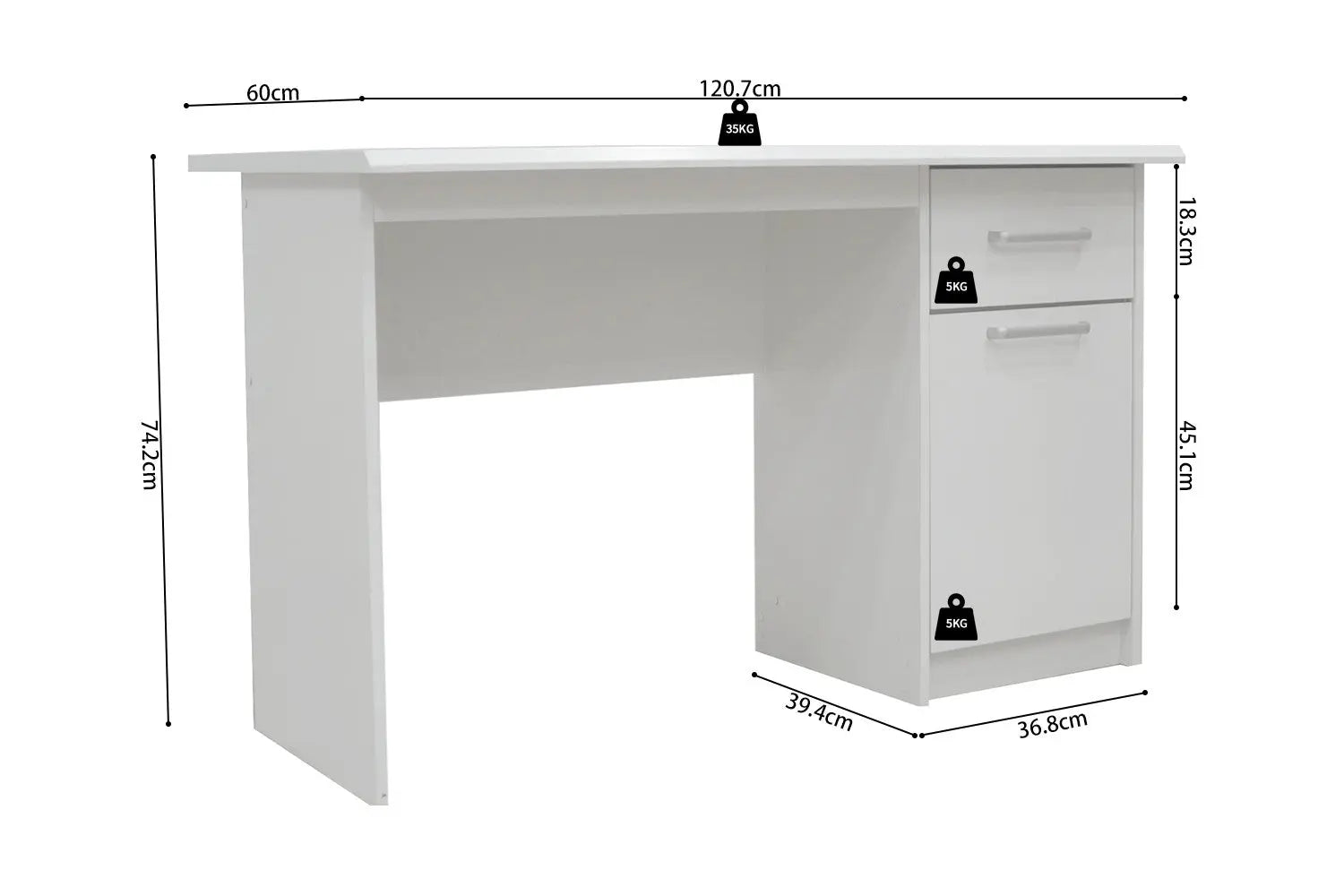 Schema cote du bureau MILO blanc 75 x 121 x 60 cm - TIKAYLA