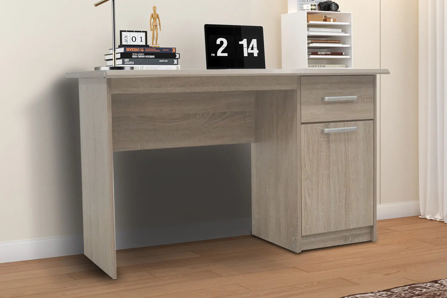 Bureau MILO 1 tiroir 1 porte finition sonoma, plateau 121 x 60 cm - TIKAYLA