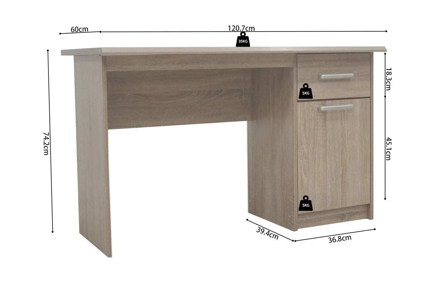 Schema cote du bureau MILO sonoma 75 x 121 x 60 cm - TIKAYLA