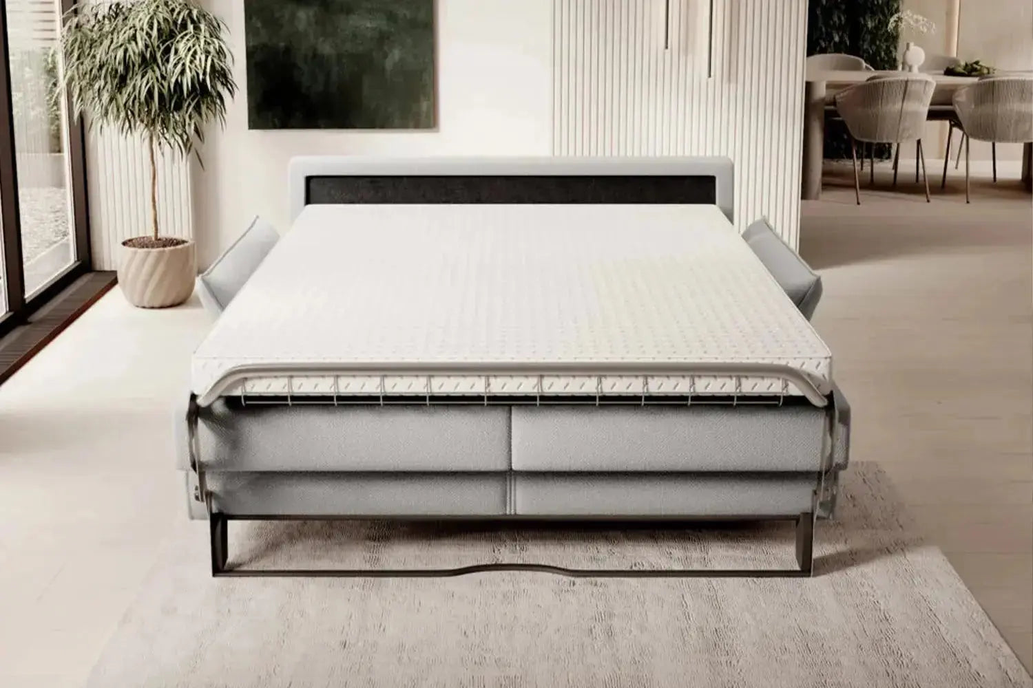 Canapé convertible LYRA ouvert, matelas intégré posé sur sommier à lattes métalliques
