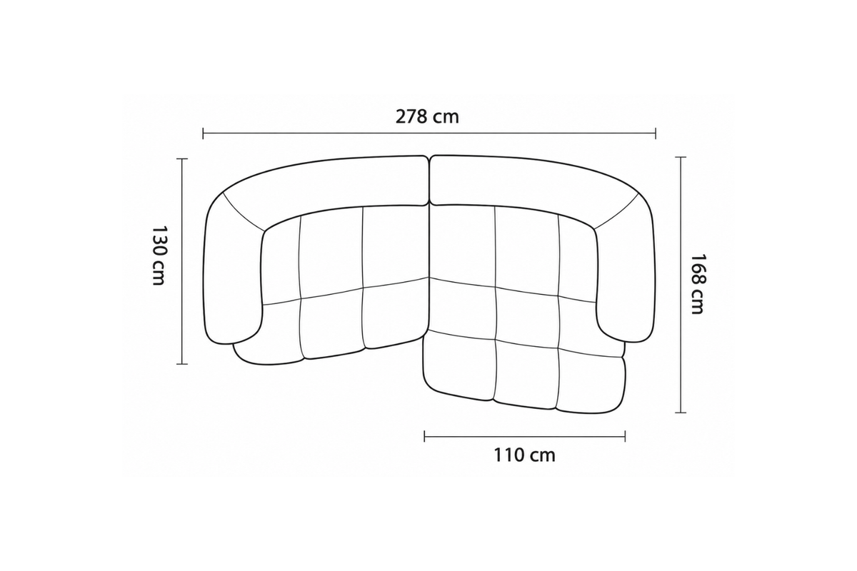 Schéma coté du canapé d'angle BOLOGNE, 278 x 168 cm