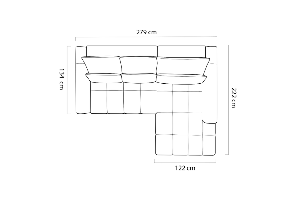 Schéma des hauteurs du canapé d'angle DAHLIA, 64,5 à 86,5 cm