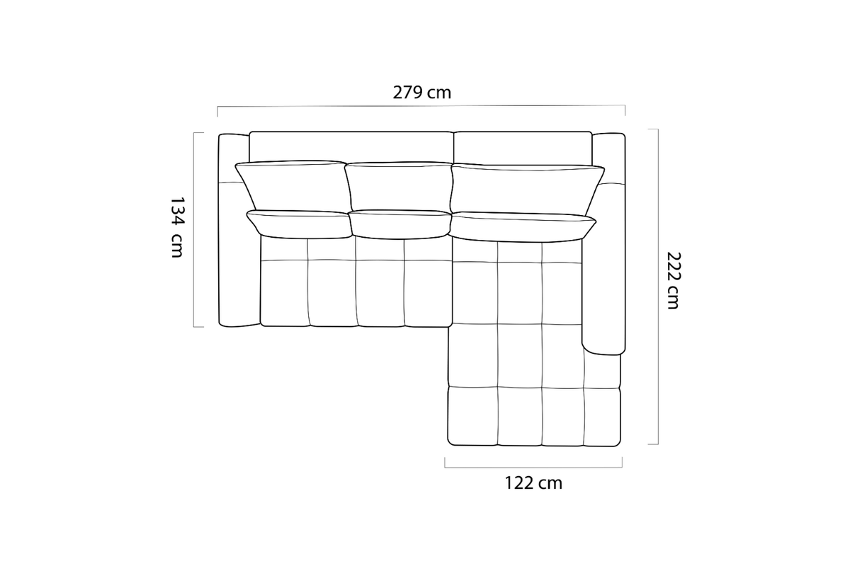 Schéma des hauteurs du canapé d'angle DAHLIA, 64,5 à 86,5 cm