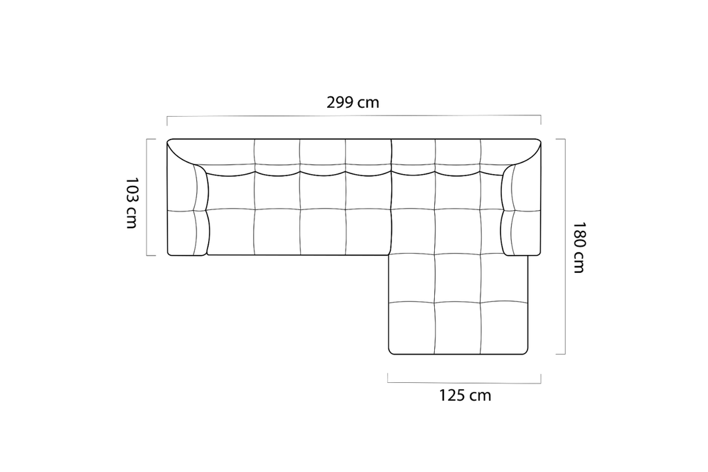 Schéma des hauteurs du canapé d'angle PISTOIA, assise à 43 cm