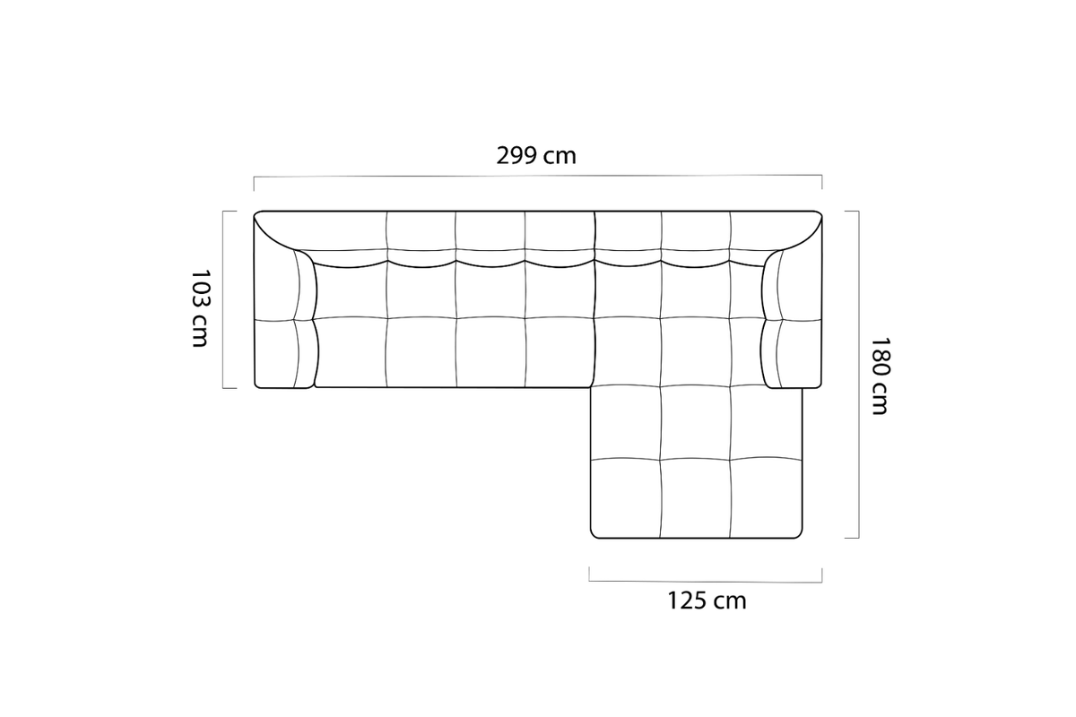 Schéma des hauteurs du canapé d'angle PISTOIA, assise à 43 cm