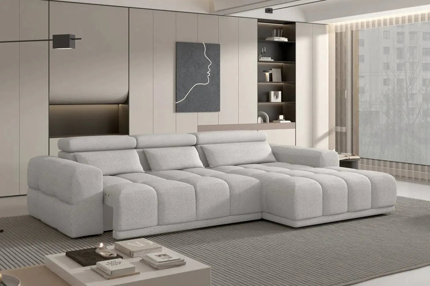 Canapé d'angle convertible électrique PANAMA S avec coffre, 290 x 188 cm, dans un salon chez TIKAYLA