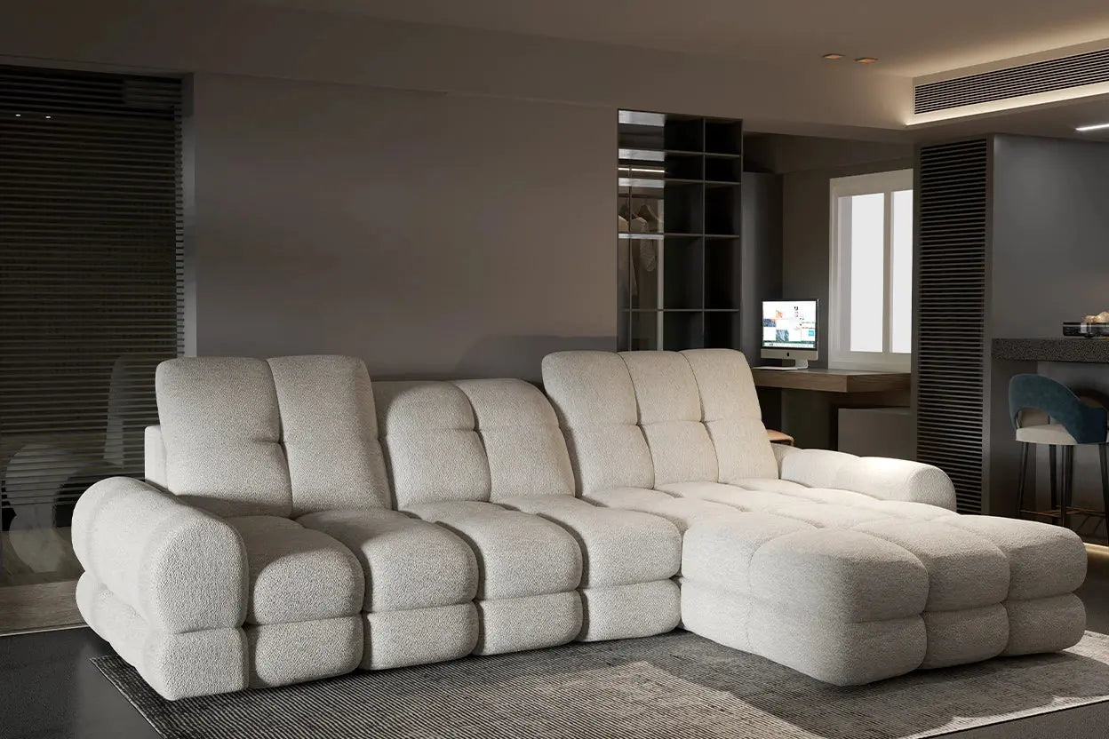 Canapé d'angle convertible électrique VOLTERRA S avec coffre de rangement, 283 x 171 cm, en situation chez TIKAYLA