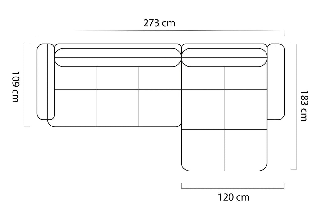 Plan coté du canapé d'angle GLYCINE S : 273 x 183 cm, méridienne de 120 cm