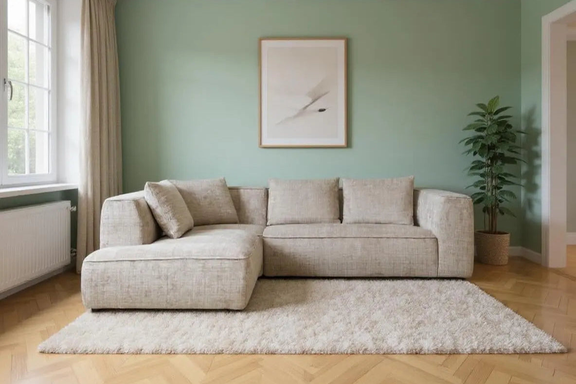 Canapé d'angle MARBELLA en tissu chenille - 285 x 250 cm TIKOYA