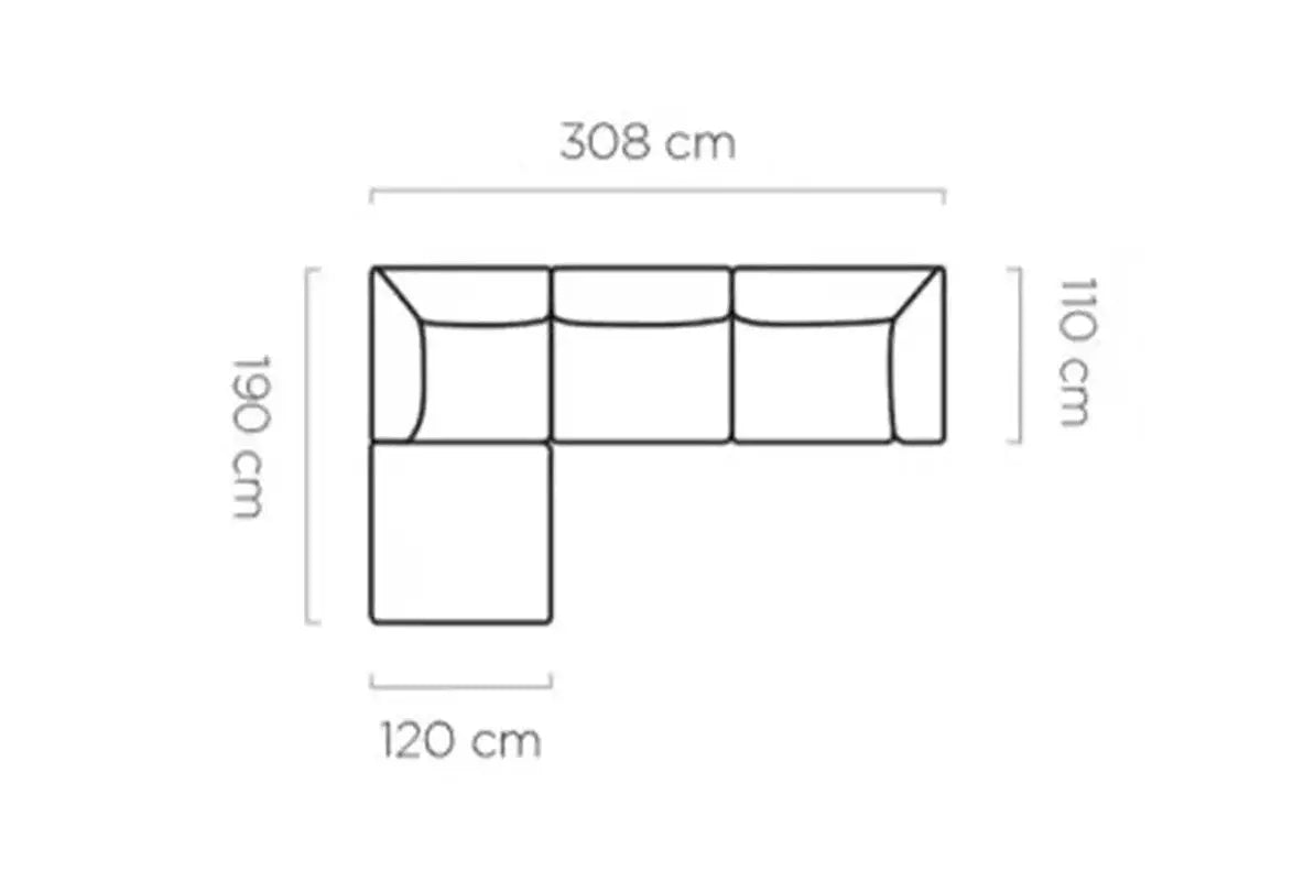 Schéma coté du canapé d'angle BELLINI S, 308 x 190 cm