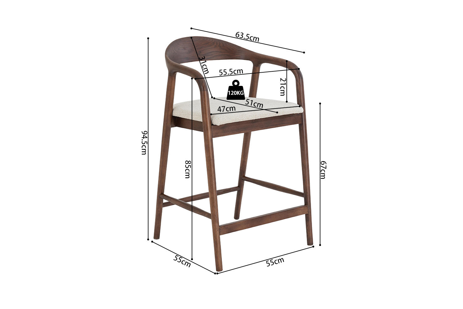 Chaise de bar CLARA Frêne noyer – 55,5 x 57,5 cm | TIKAYLA
