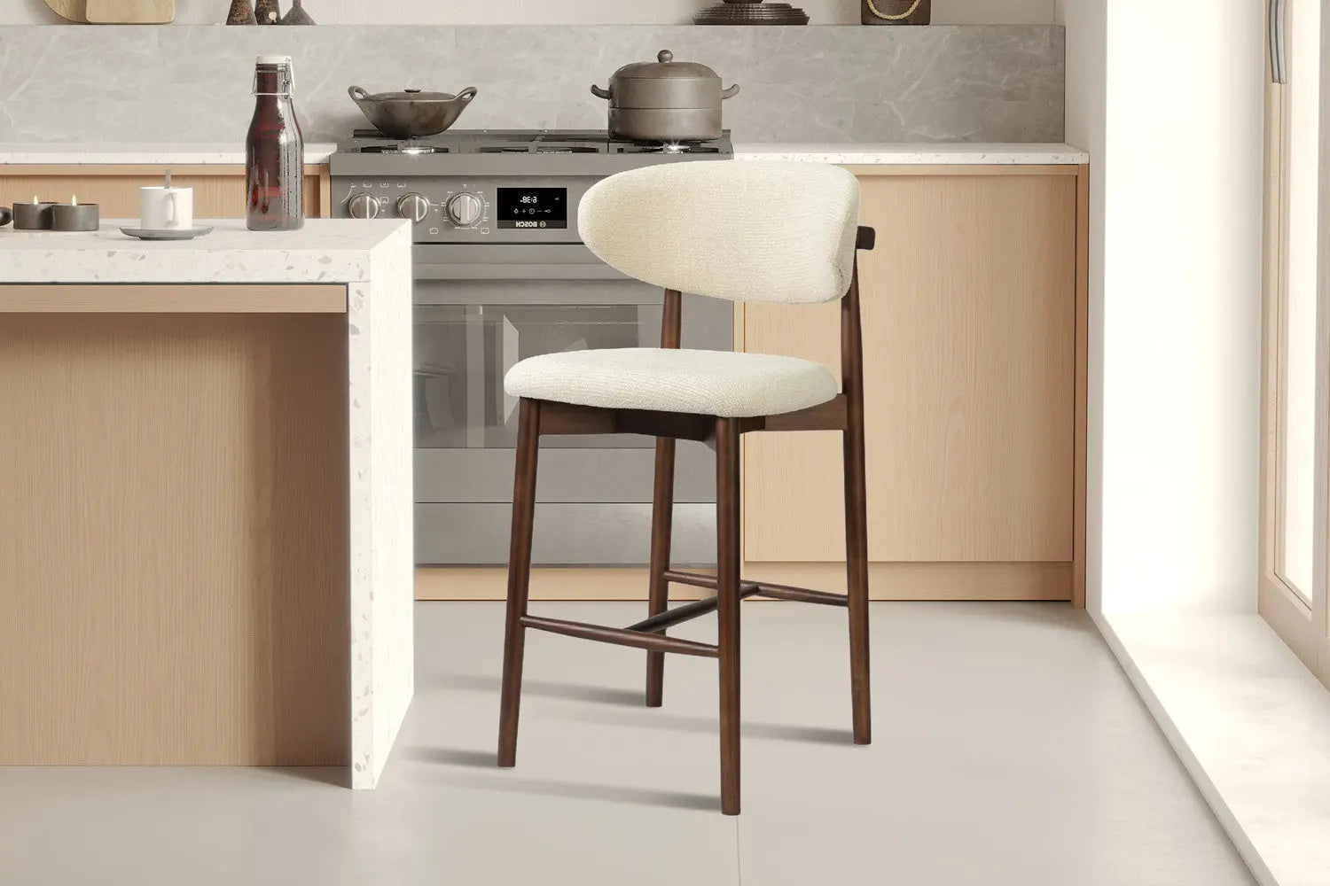 Chaise de bar KAYLA beige frêne et noyer – 50 x 56 cm | TIKAYLA