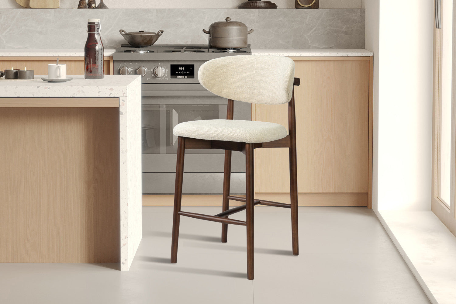 Chaise de bar KAYLA beige frêne et noyer – 50 x 56 cm | TIKAYLA