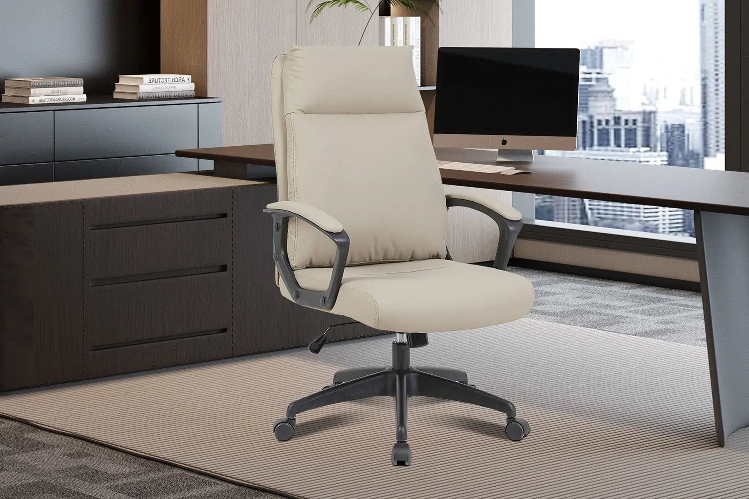 Chaise de bureau ARMEL en similicuir beige, piètement à roulettes