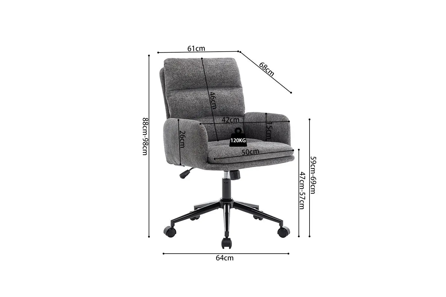 Schema cote de la chaise de bureau EMMY gris fonce 64 x 68 cm - TIKAYLA