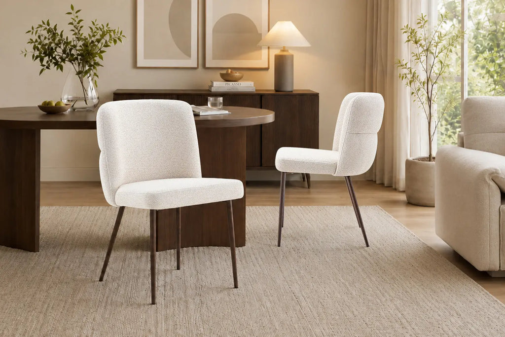Chaise de salle à manger ALYX, tissu beige, pied noyer