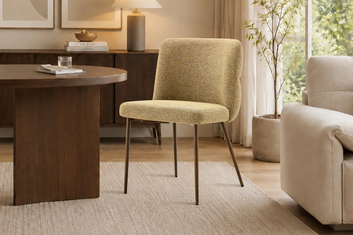 Chaise de salle à manger ALYX, tissu jaune, pied noyer