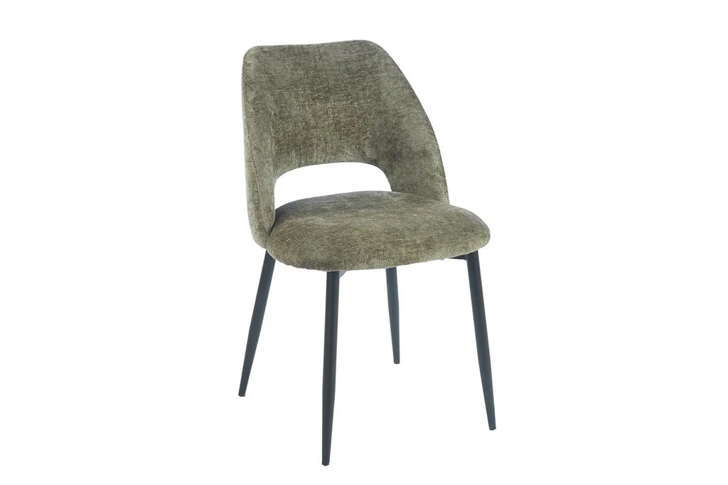 Chaise de salle à manger ARLA en tissu vert, piètement métal noir