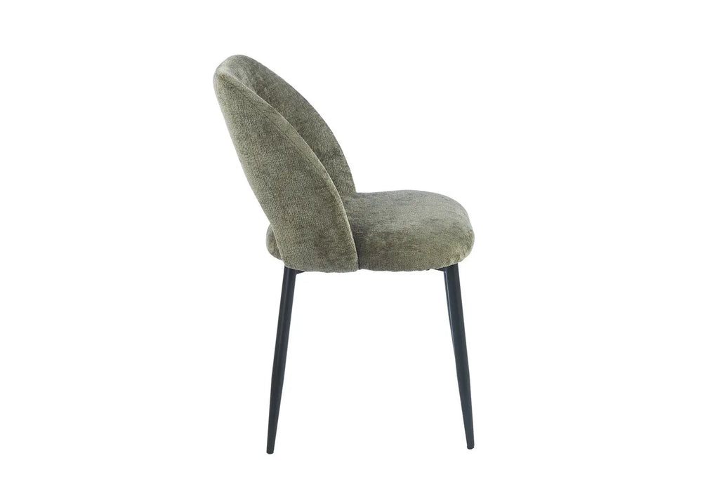 Chaise de salle à manger ARLA en tissu vert, piètement métal noir — vue de profil