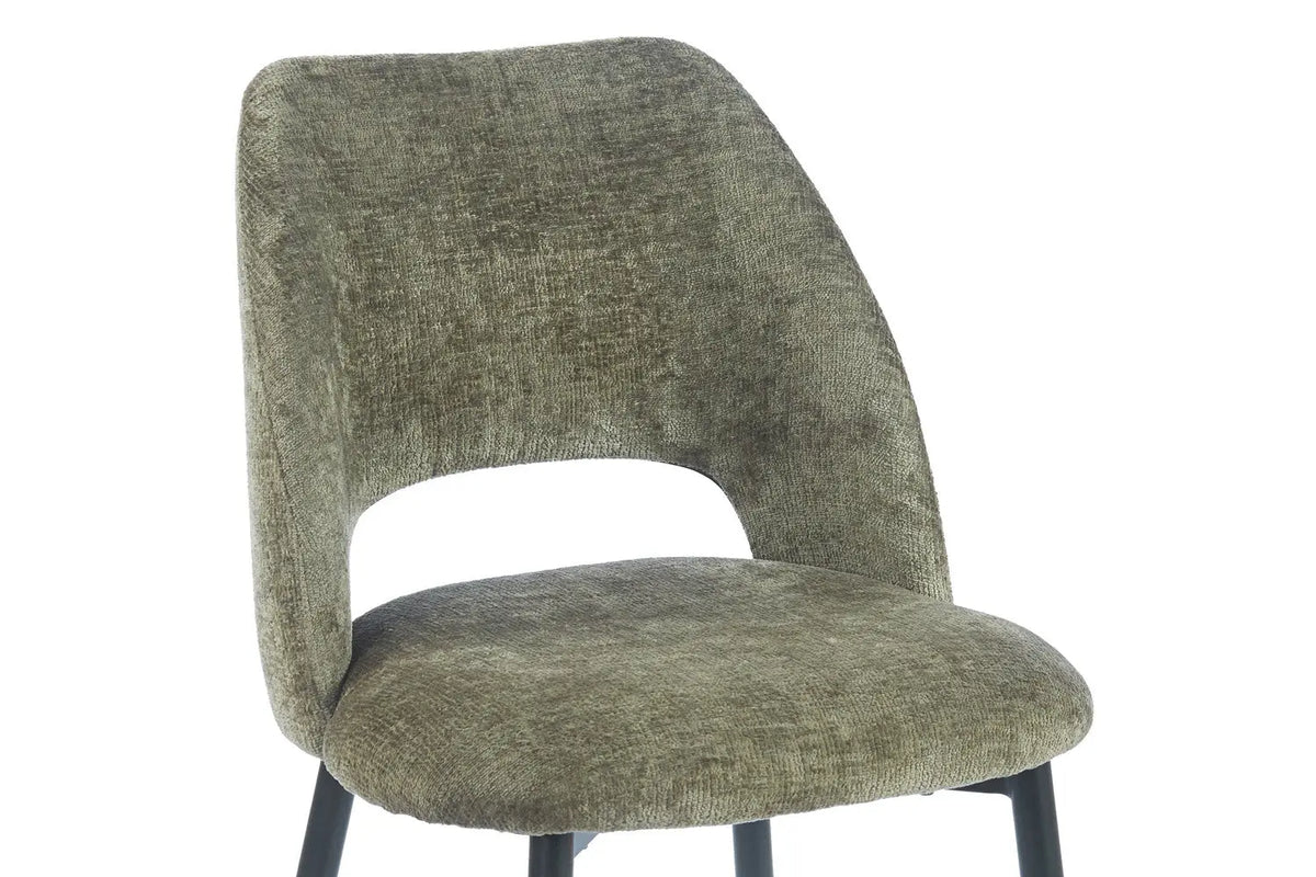 Chaise de salle à manger ARLA en tissu vert, piètement métal noir — détail