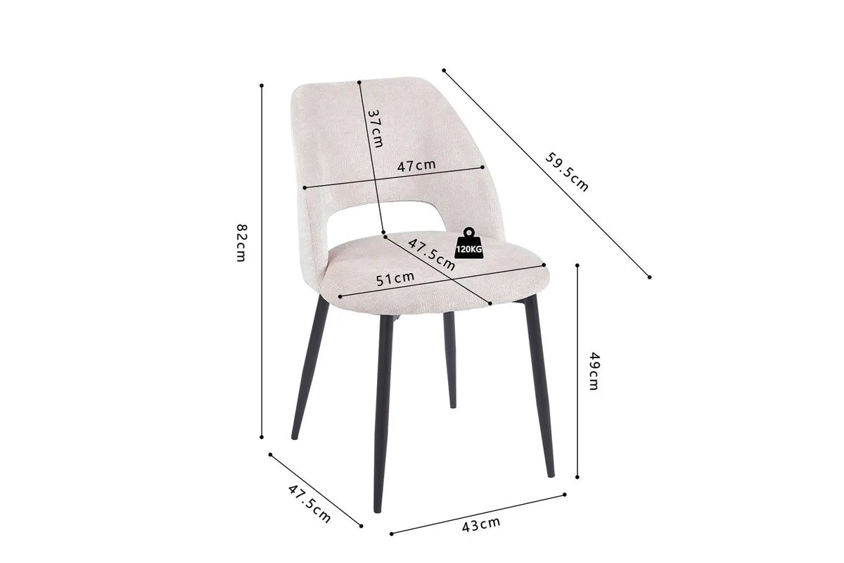 Chaise de salle à manger ARLA en tissu ecru — schéma coté : hauteur 82 cm, assise à 49 cm, profondeur d'assise 47,5 cm