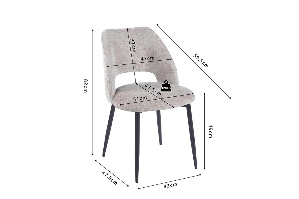 Chaise de salle à manger ARLA en tissu sable — schéma coté : hauteur 82 cm, assise à 49 cm, profondeur d'assise 47,5 cm