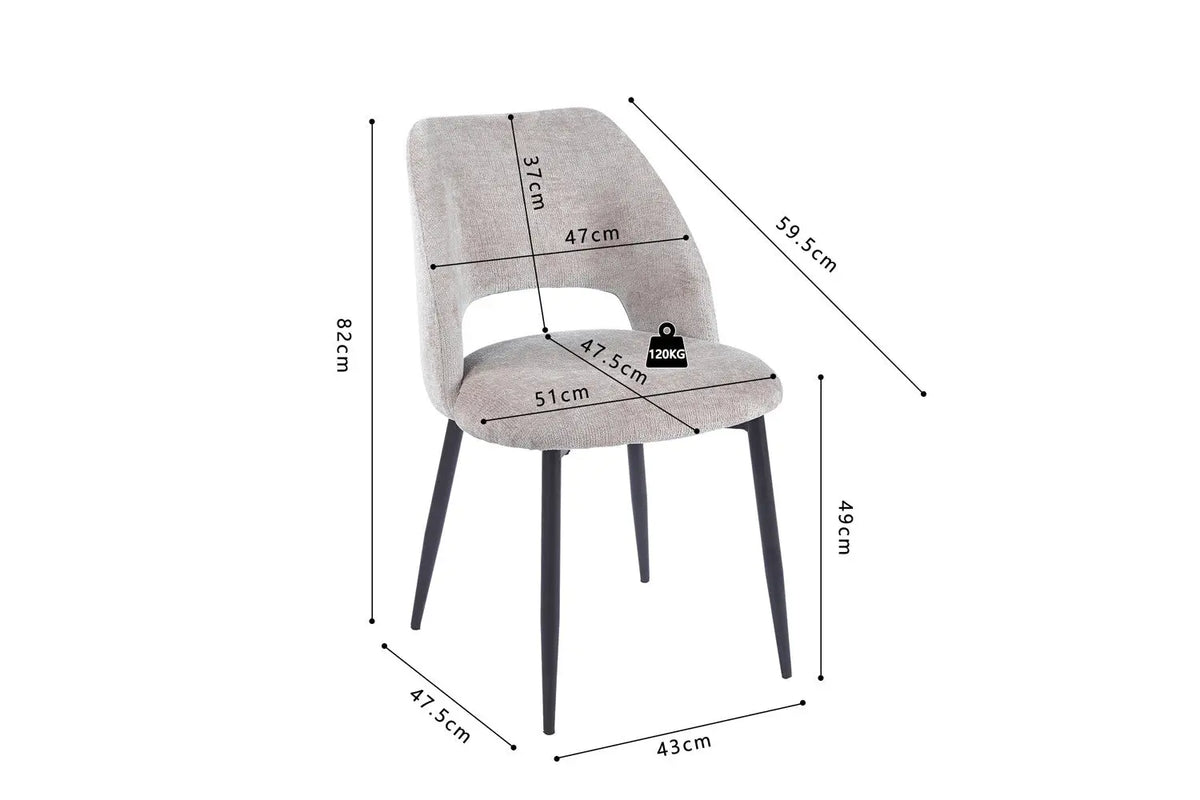 Chaise de salle à manger ARLA en tissu sable — schéma coté : hauteur 82 cm, assise à 49 cm, profondeur d'assise 47,5 cm