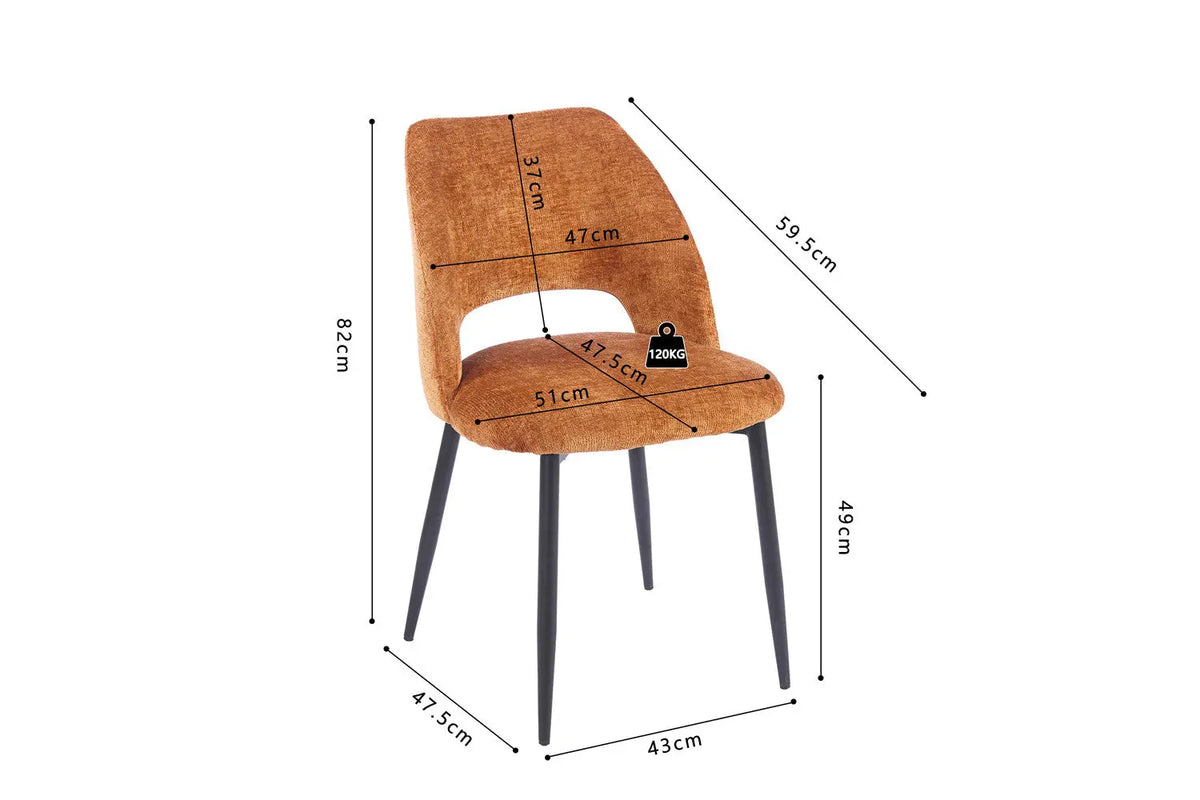 Chaise de salle à manger ARLA en tissu or — schéma coté : hauteur 82 cm, assise à 49 cm, profondeur d'assise 47,5 cm