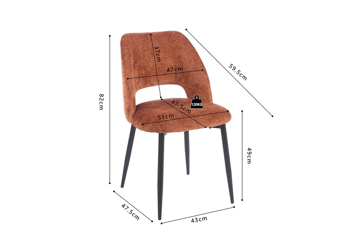 Chaise de salle à manger ARLA en tissu rouille — schéma coté : hauteur 82 cm, assise à 49 cm, profondeur d'assise 47,5 cm