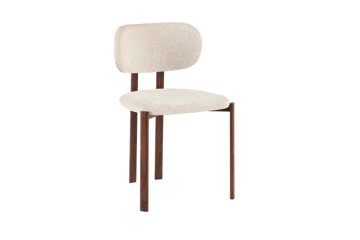 Chaise de salle à manger JADY en tissu bouclé écru, pieds métal effet noyer