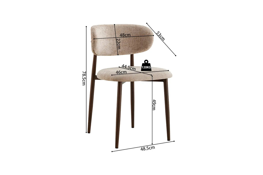 Chaise de salle à manger NONYA en tissu beige, piètement métal effet bois — en situation