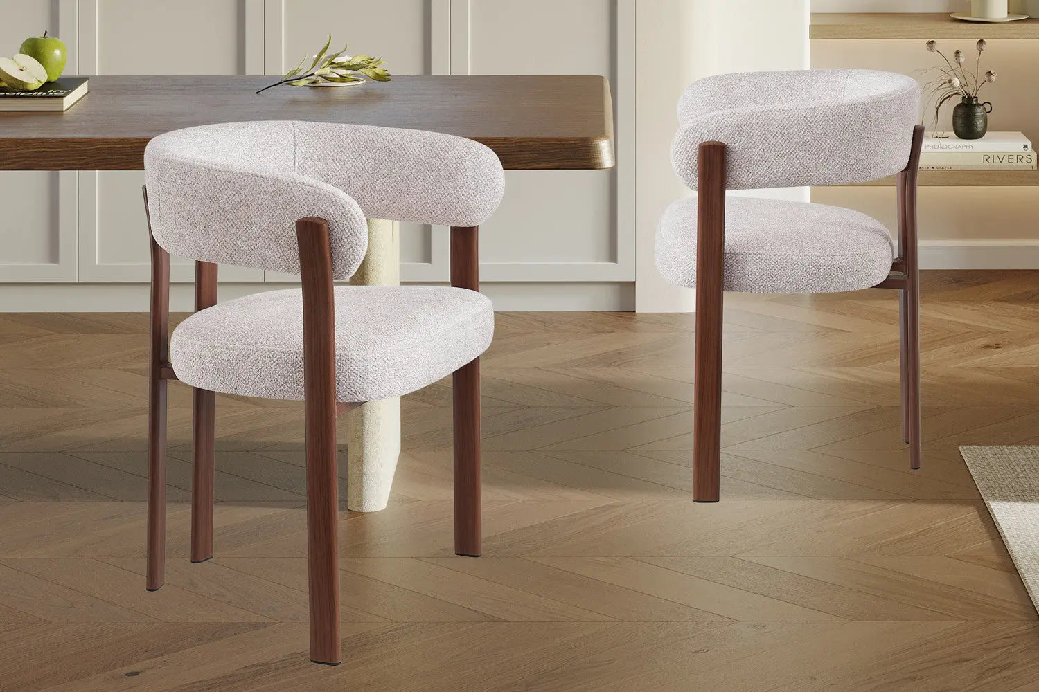 Chaise avec accoudoirs SAFYA Effet Bois Noyer Tissu Beige - vue principale