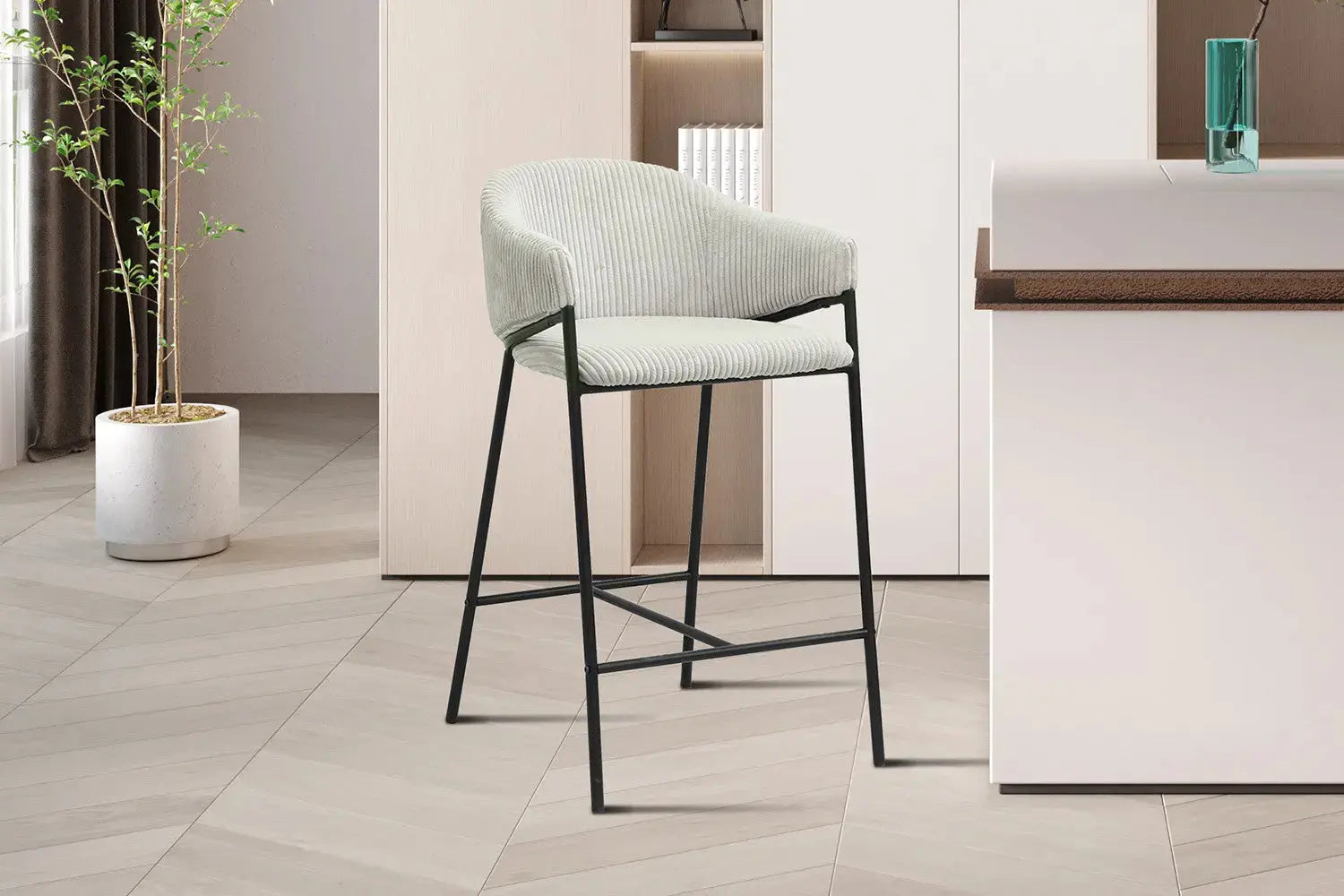 Chaise de bar HINAYA Gris clair velours côtelé – 54 x 59 cm | TIKAYLA