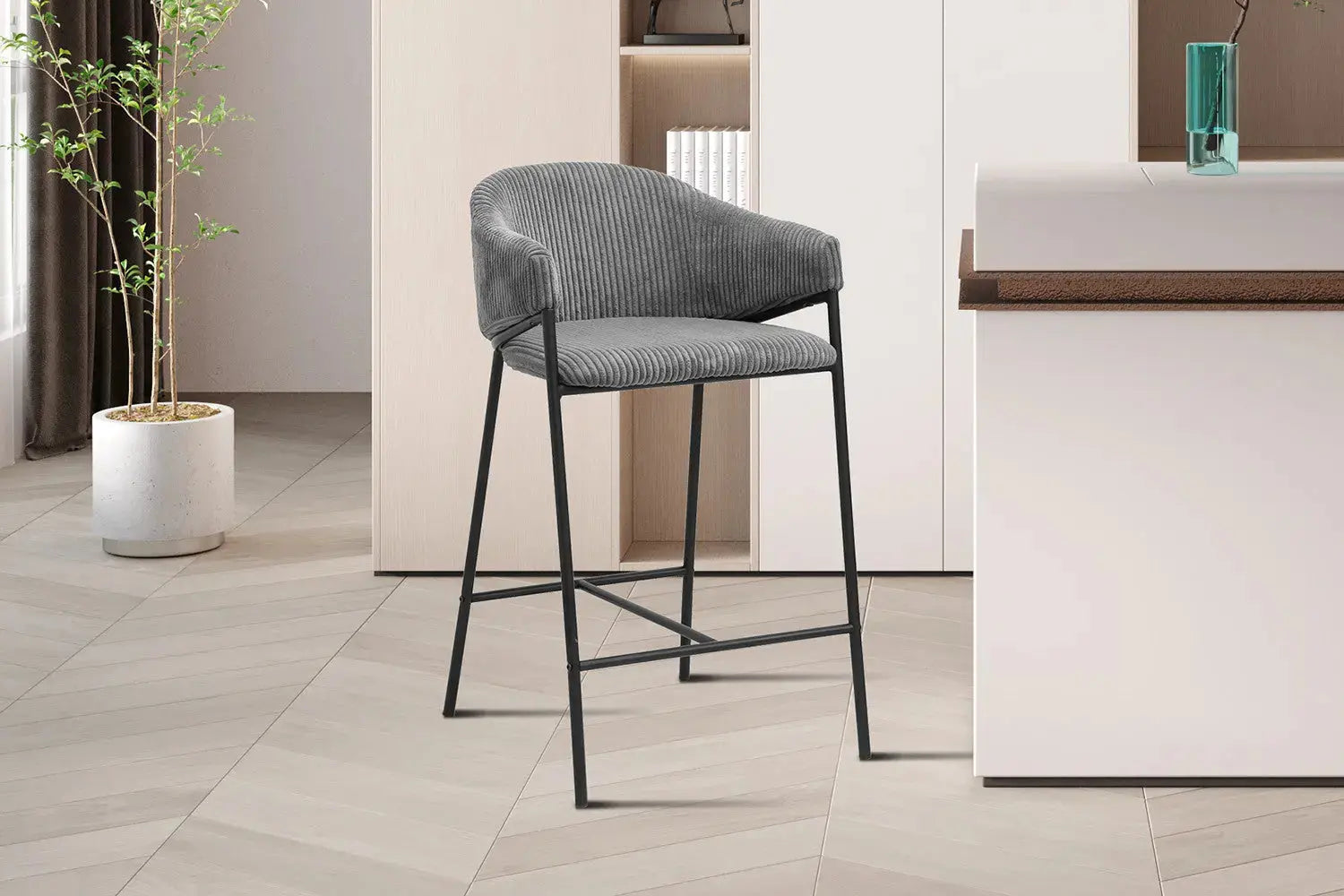 Tabouret de bar HINAYA en velours côtelé gris foncé, 54 x 59 cm - TIKAYLA