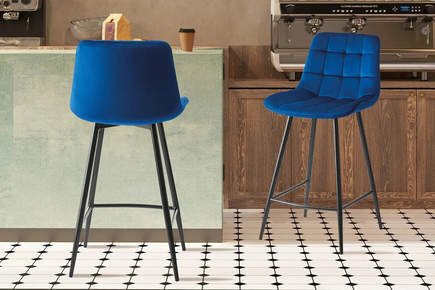 Chaise de bar JULIA Bleu velours – 46 x 36 cm | TIKAYLA