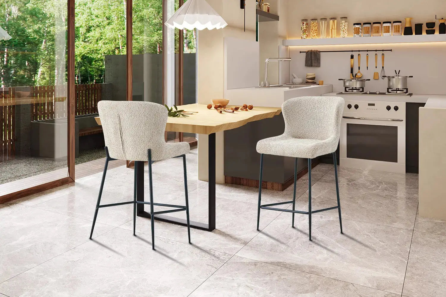 Chaise de bar LISE Beige tissu bouclé – 51,5 x 56 cm | TIKAYLA
